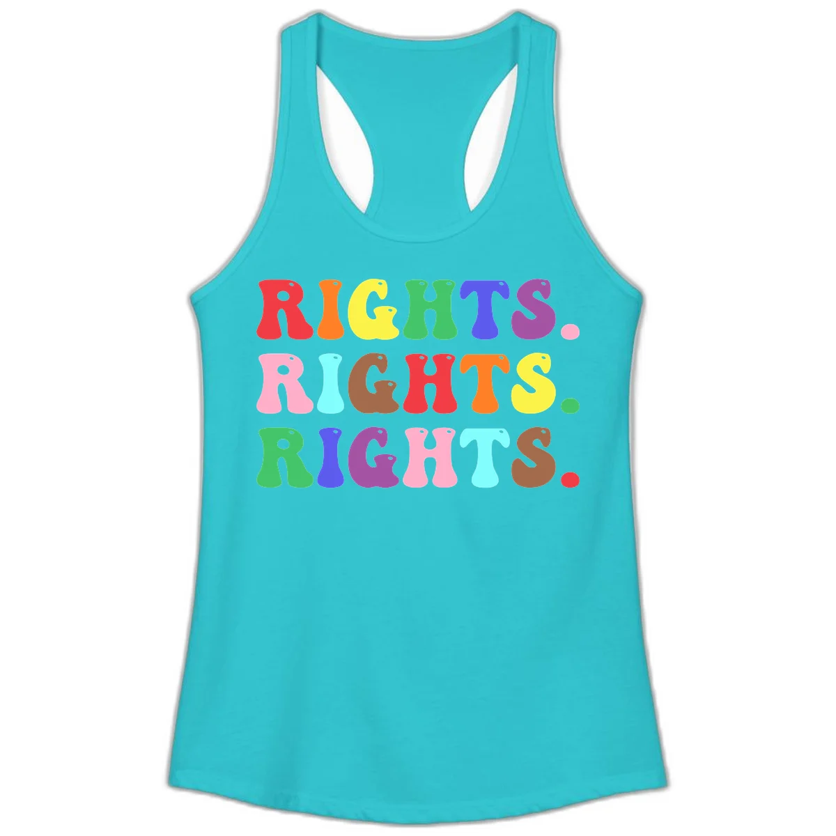 The word 'RIGHTS' repeated three times in large rainbow-colored letters with playful organic shapes and small dots, celebrating pride and equality. in Solid Tahiti Blue