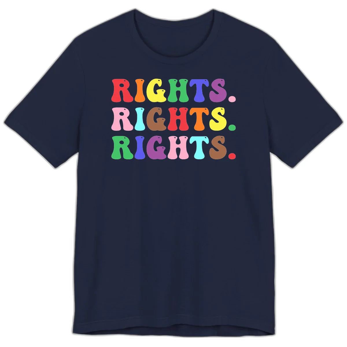 The word 'RIGHTS' repeated three times in large rainbow-colored letters with playful organic shapes and small dots, celebrating pride and equality. in Navy