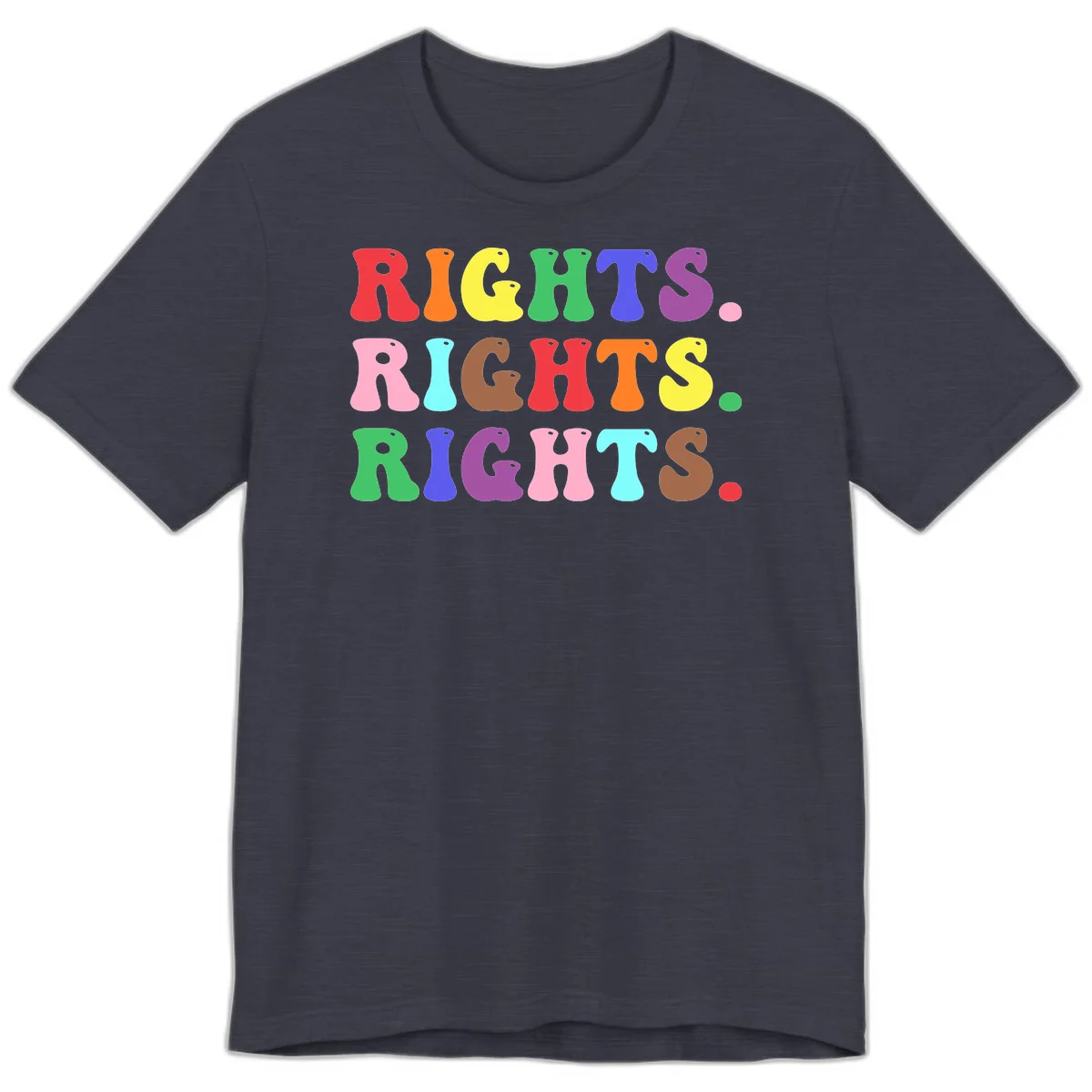 The word 'RIGHTS' repeated three times in large rainbow-colored letters with playful organic shapes and small dots, celebrating pride and equality. in Heather Midnight Navy