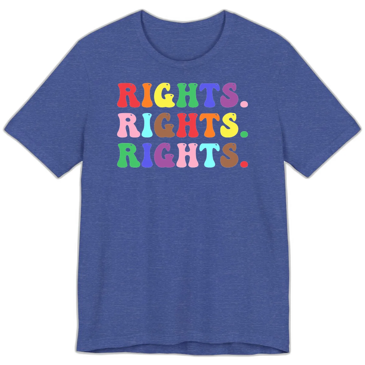 The word 'RIGHTS' repeated three times in large rainbow-colored letters with playful organic shapes and small dots, celebrating pride and equality. in Heather True Royal