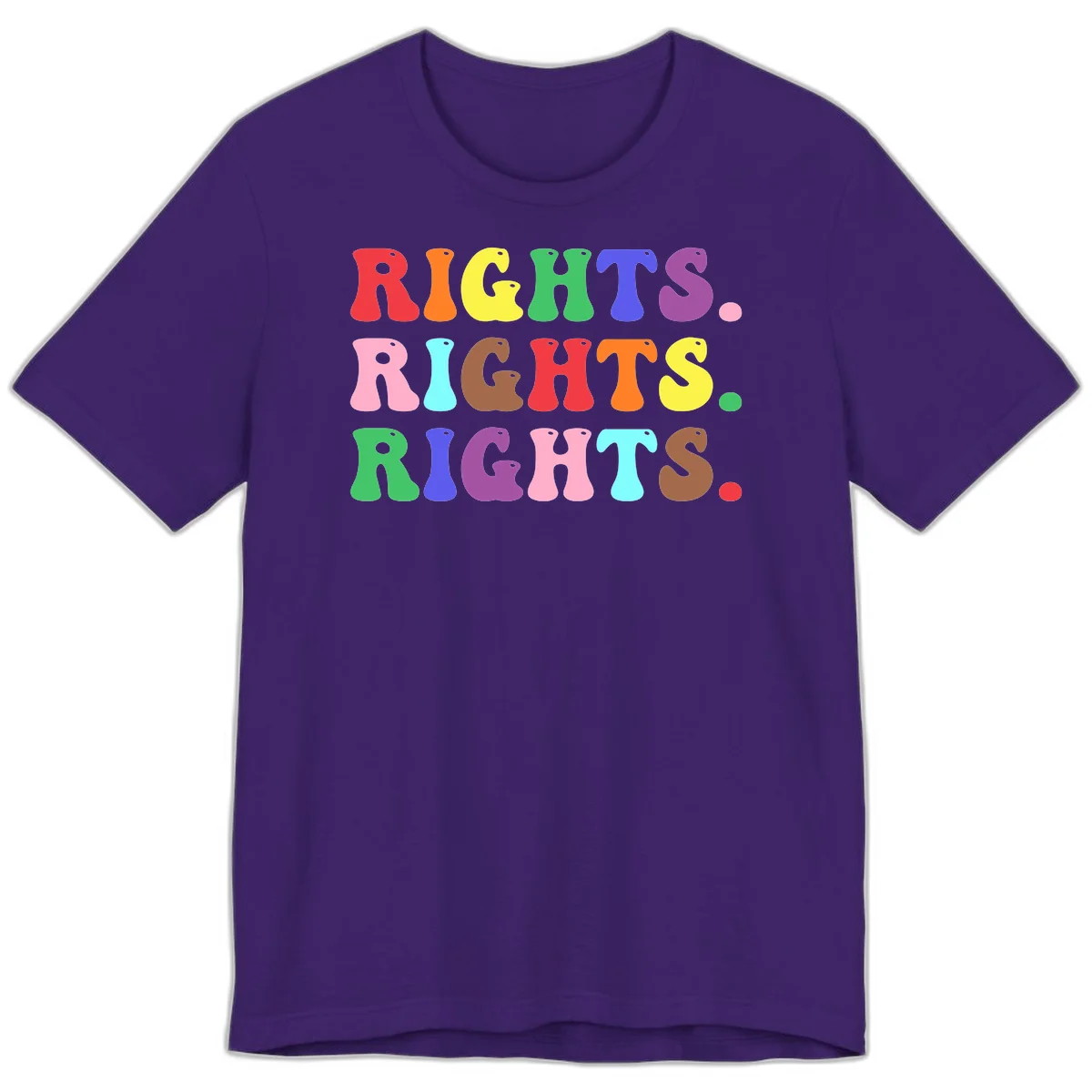 The word 'RIGHTS' repeated three times in large rainbow-colored letters with playful organic shapes and small dots, celebrating pride and equality. in Team Purple