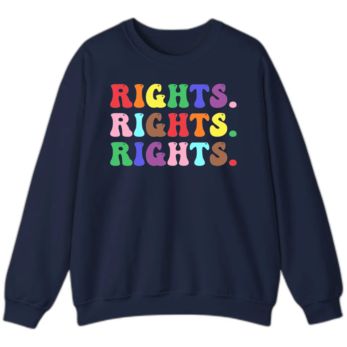 The word 'RIGHTS' repeated three times in large rainbow-colored letters with playful organic shapes and small dots, celebrating pride and equality. in Navy