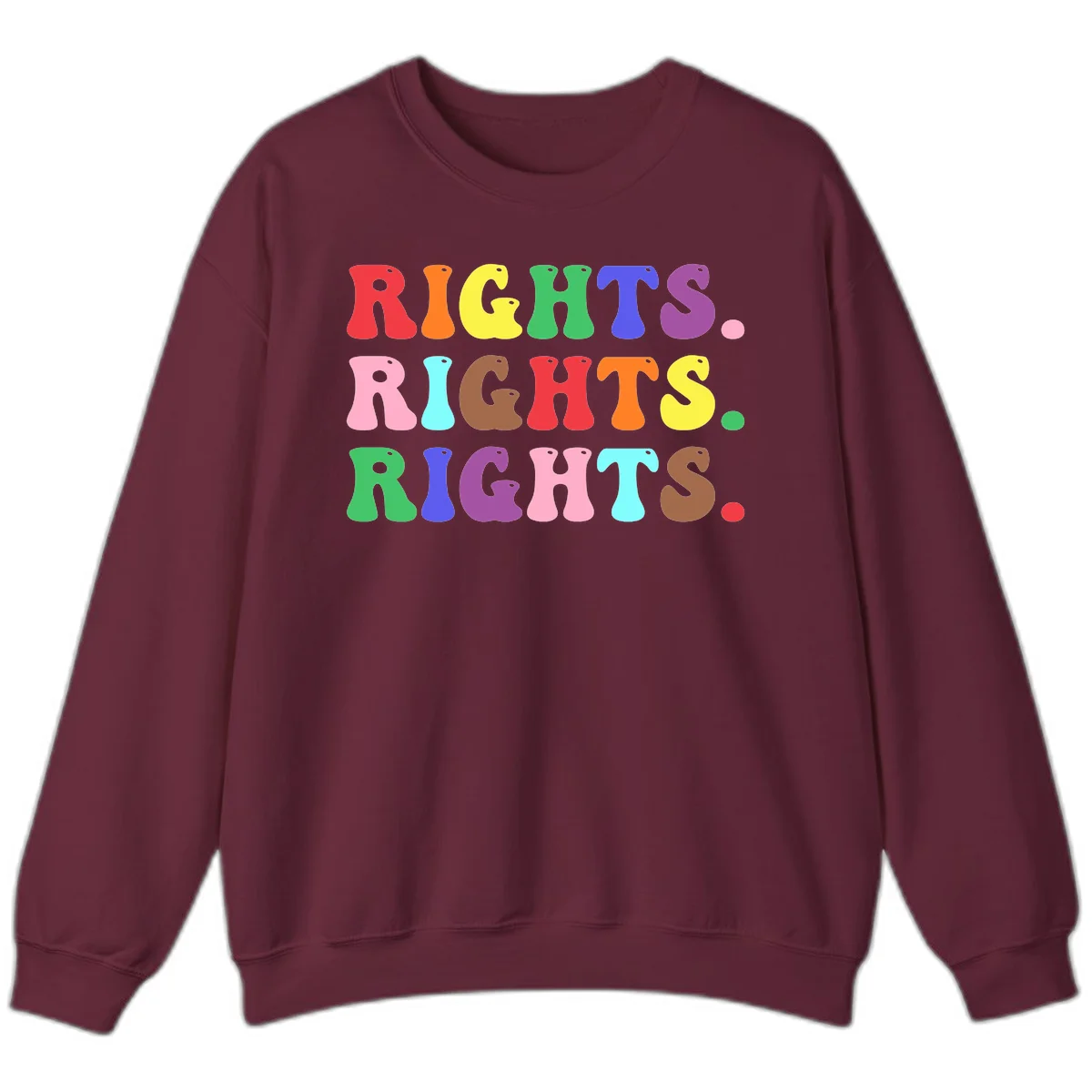 The word 'RIGHTS' repeated three times in large rainbow-colored letters with playful organic shapes and small dots, celebrating pride and equality. in Maroon
