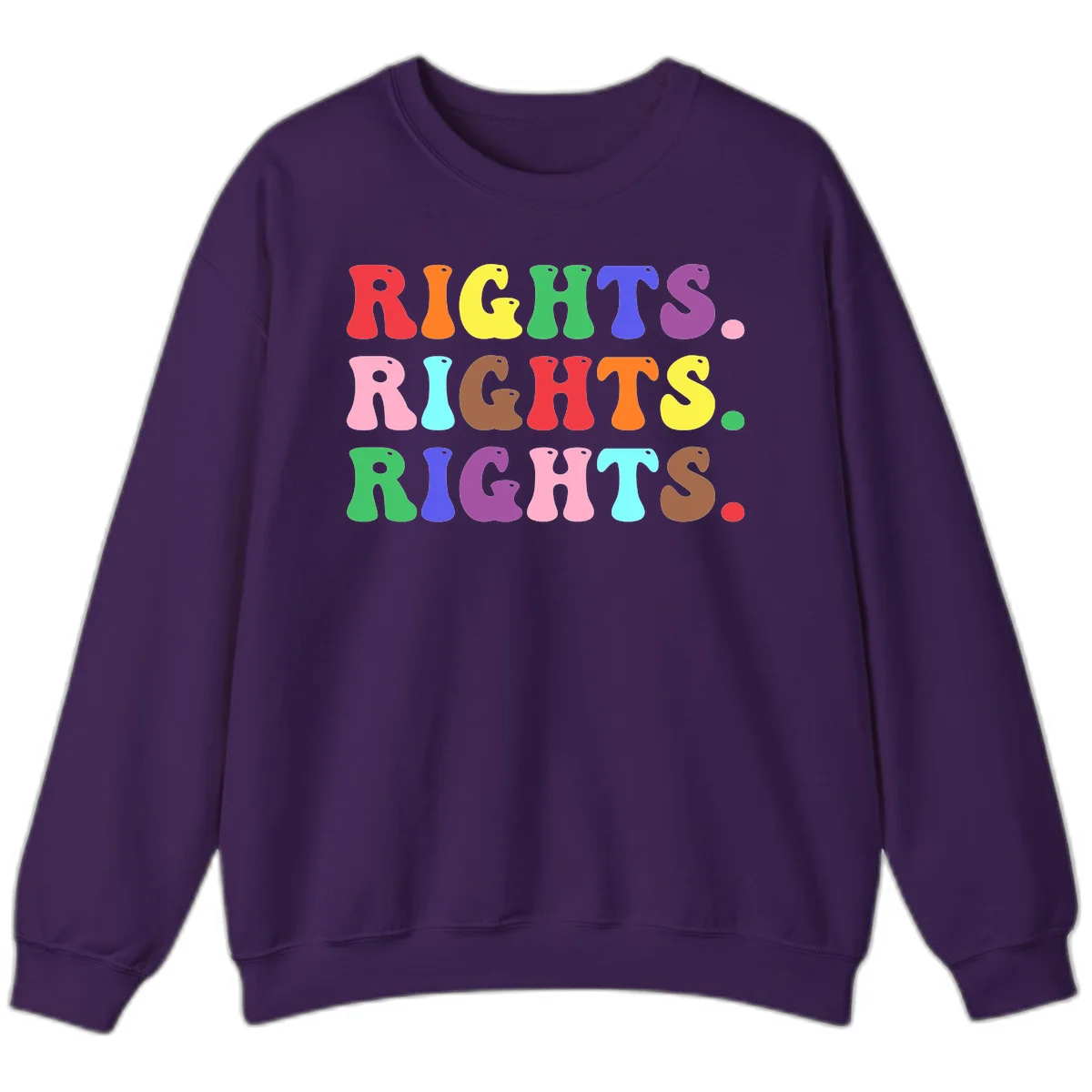 The word 'RIGHTS' repeated three times in large rainbow-colored letters with playful organic shapes and small dots, celebrating pride and equality. in Purple
