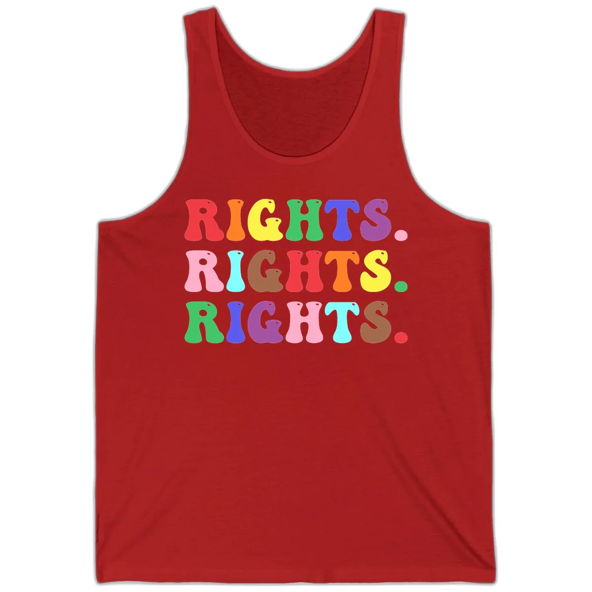 The word 'RIGHTS' repeated three times in large rainbow-colored letters with playful organic shapes and small dots, celebrating pride and equality. in Red