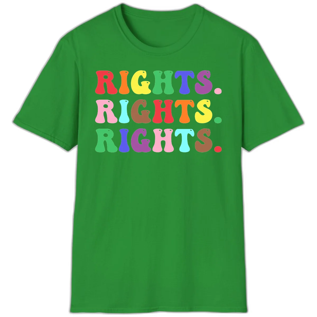 The word 'RIGHTS' repeated three times in large rainbow-colored letters with playful organic shapes and small dots, celebrating pride and equality. in Irish Green