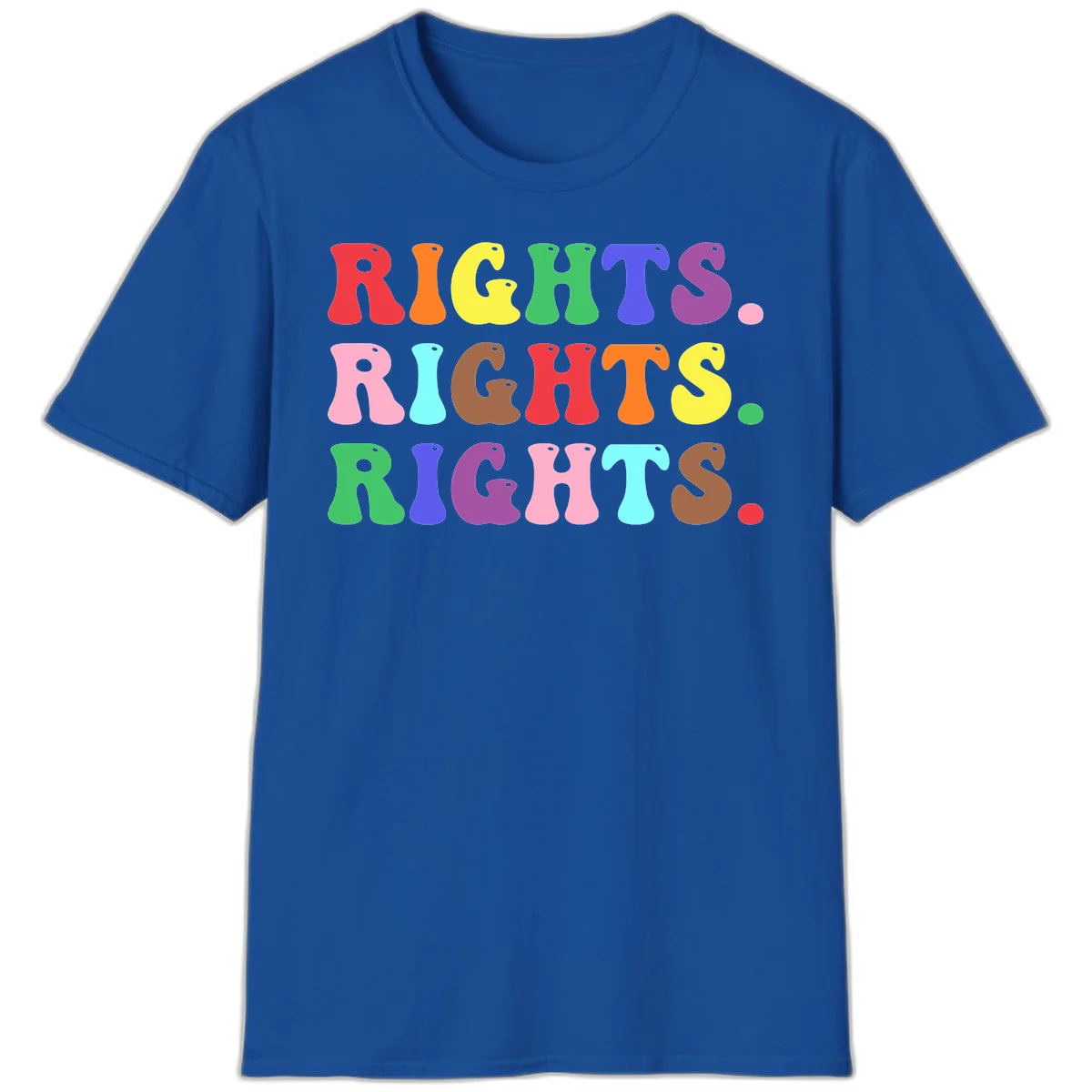 The word 'RIGHTS' repeated three times in large rainbow-colored letters with playful organic shapes and small dots, celebrating pride and equality. in Royal