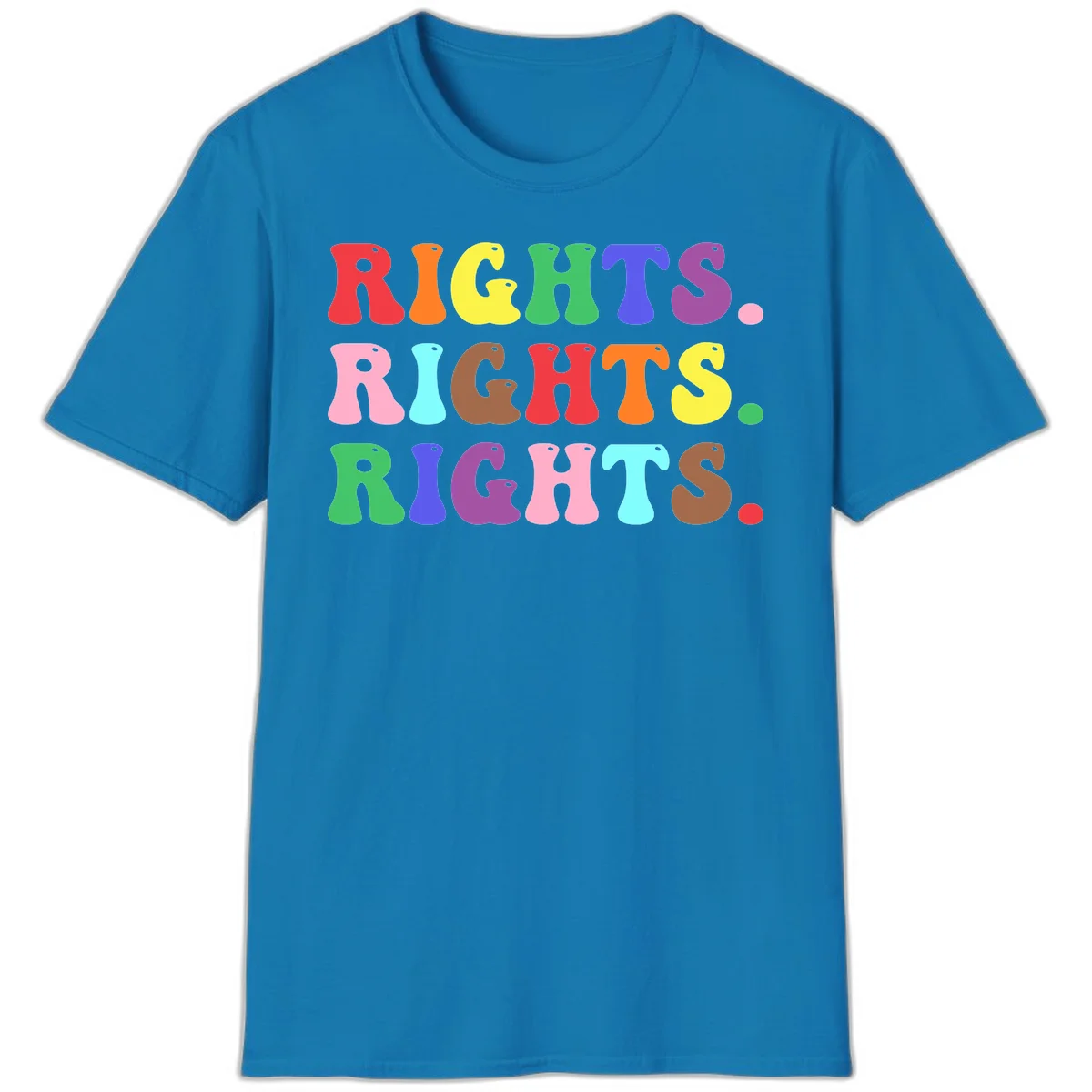 The word 'RIGHTS' repeated three times in large rainbow-colored letters with playful organic shapes and small dots, celebrating pride and equality. in Sapphire