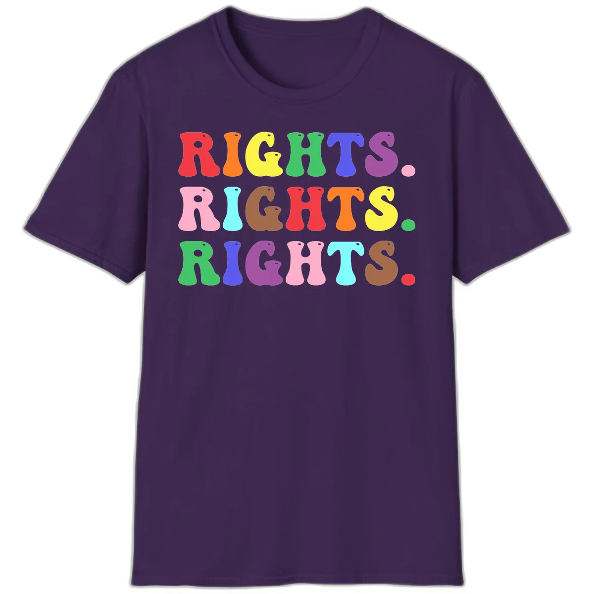 The word 'RIGHTS' repeated three times in large rainbow-colored letters with playful organic shapes and small dots, celebrating pride and equality. in Purple