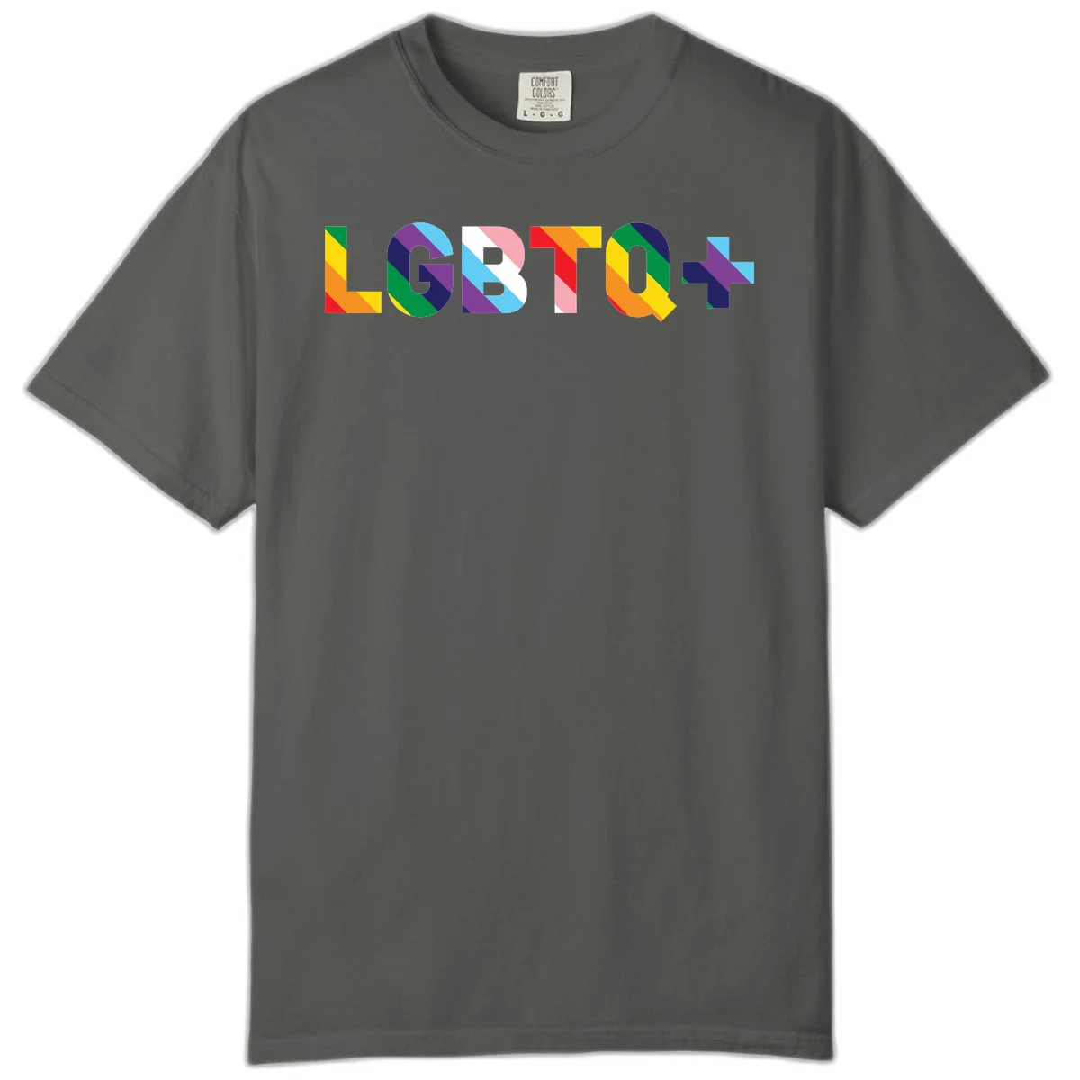 Colorful LGBTQ+ text with diagonal rainbow stripes in pride flag colors on geometric letters in Pepper