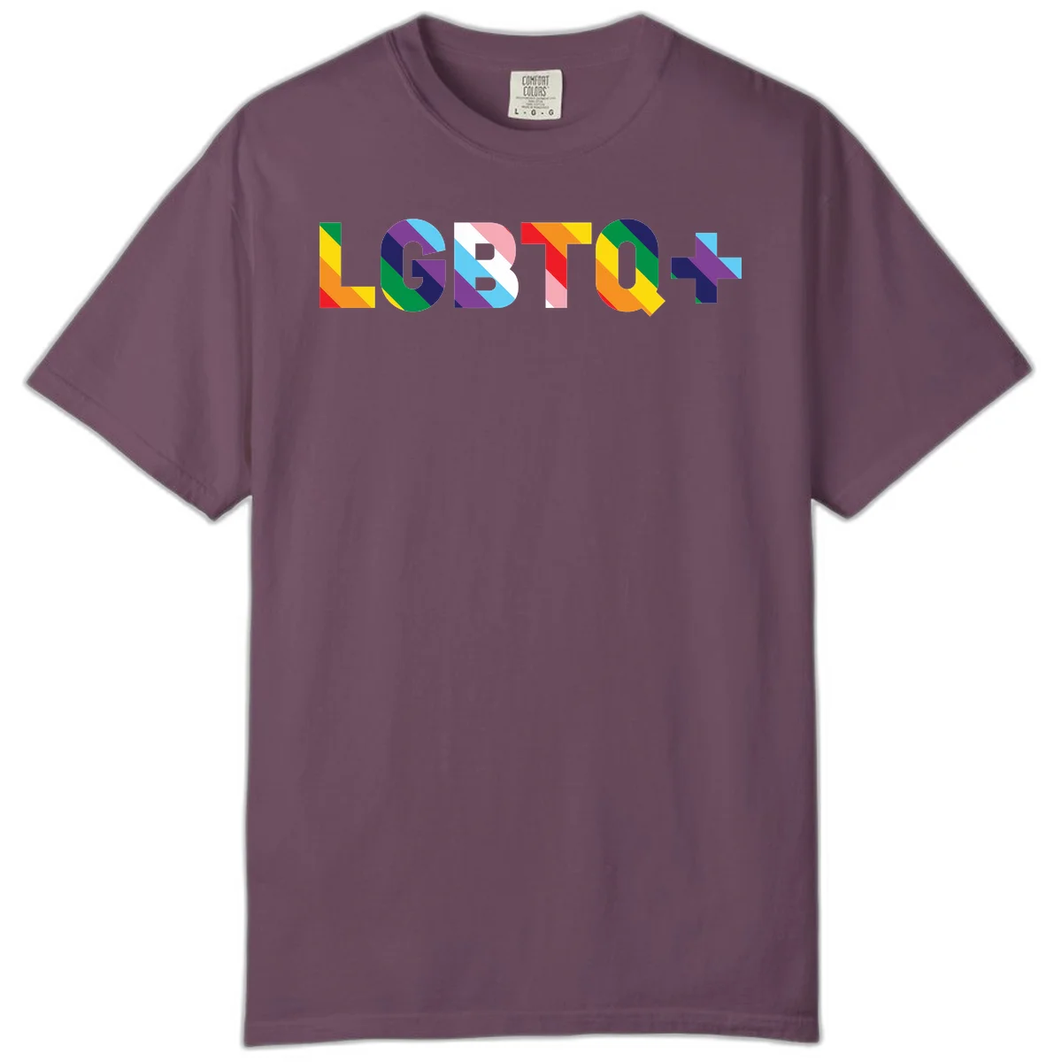 Colorful LGBTQ+ text with diagonal rainbow stripes in pride flag colors on geometric letters in Berry