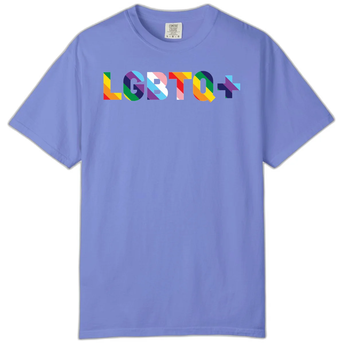 Colorful LGBTQ+ text with diagonal rainbow stripes in pride flag colors on geometric letters in Flo Blue