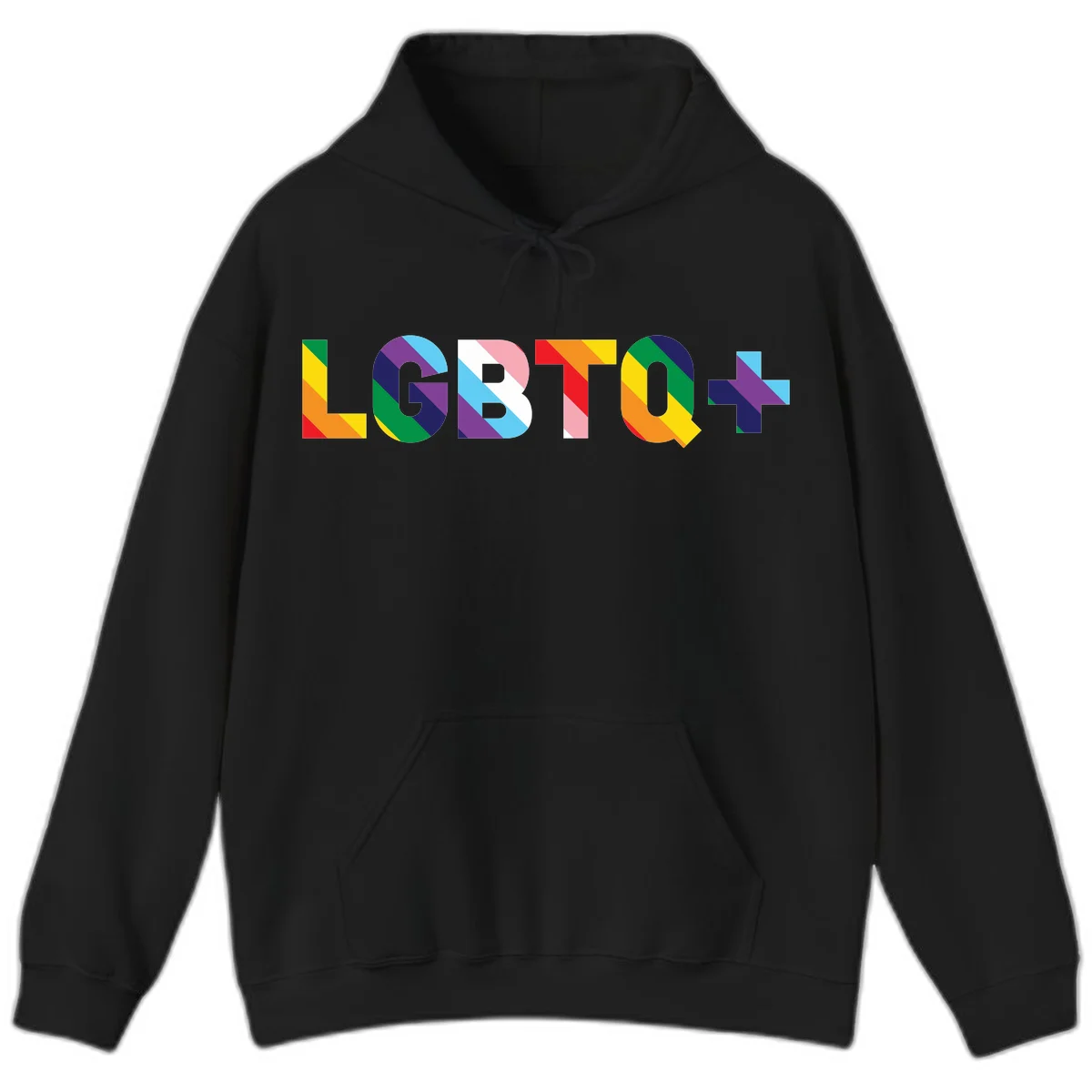 Colorful LGBTQ+ text with diagonal rainbow stripes in pride flag colors on geometric letters in Black
