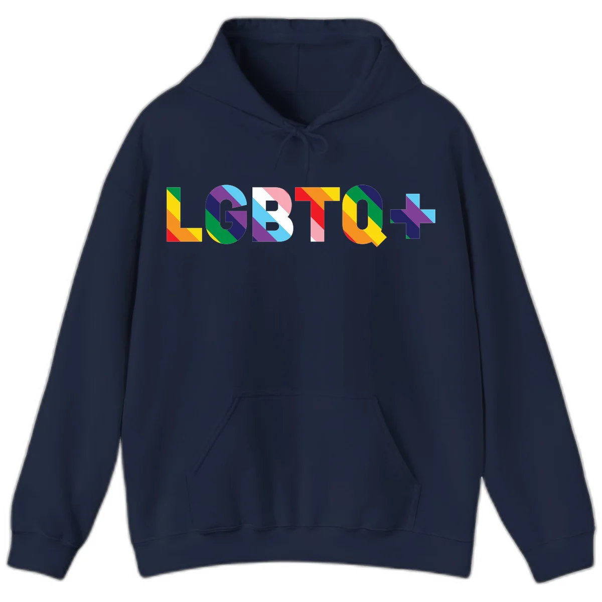 Colorful LGBTQ+ text with diagonal rainbow stripes in pride flag colors on geometric letters in Navy
