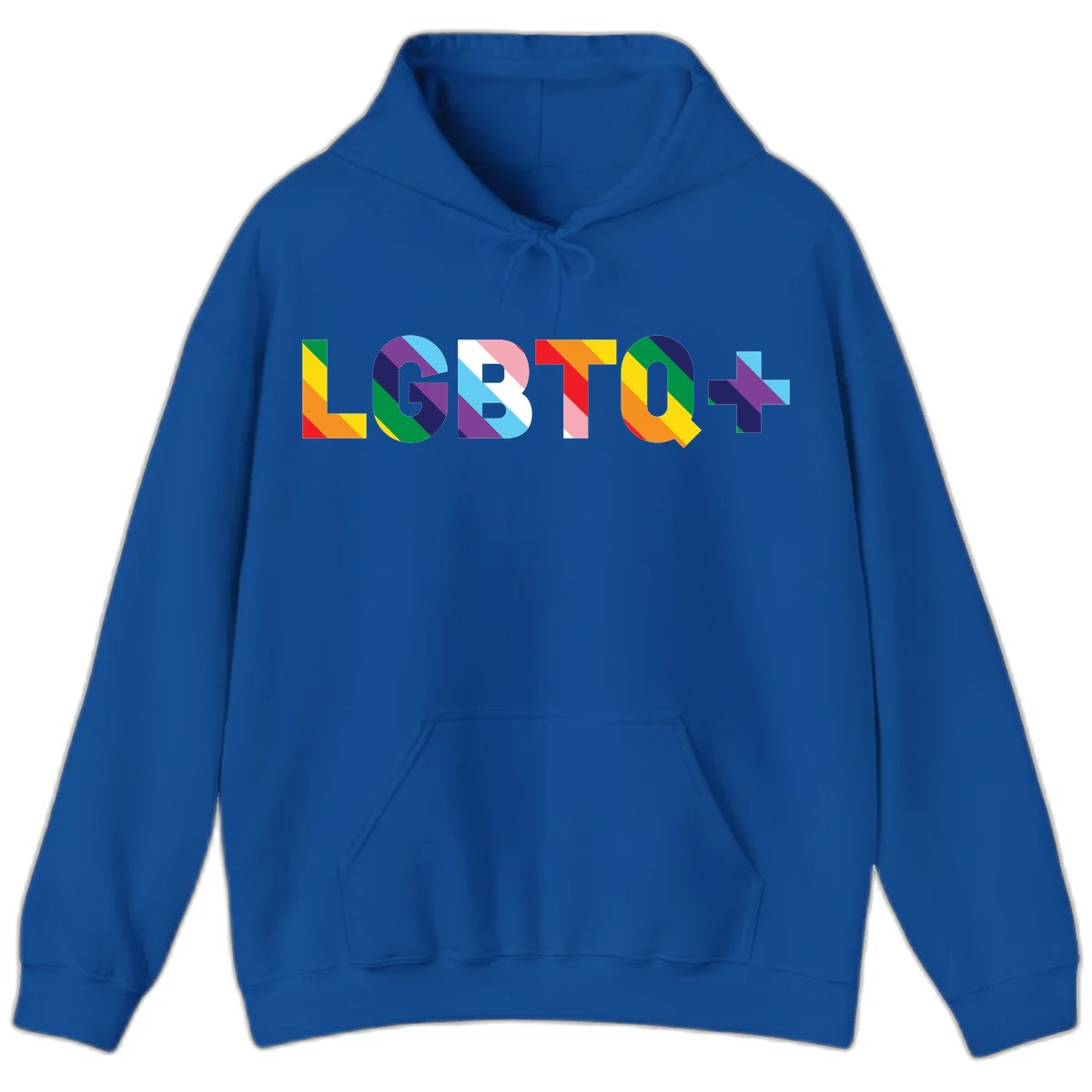 Colorful LGBTQ+ text with diagonal rainbow stripes in pride flag colors on geometric letters in Royal