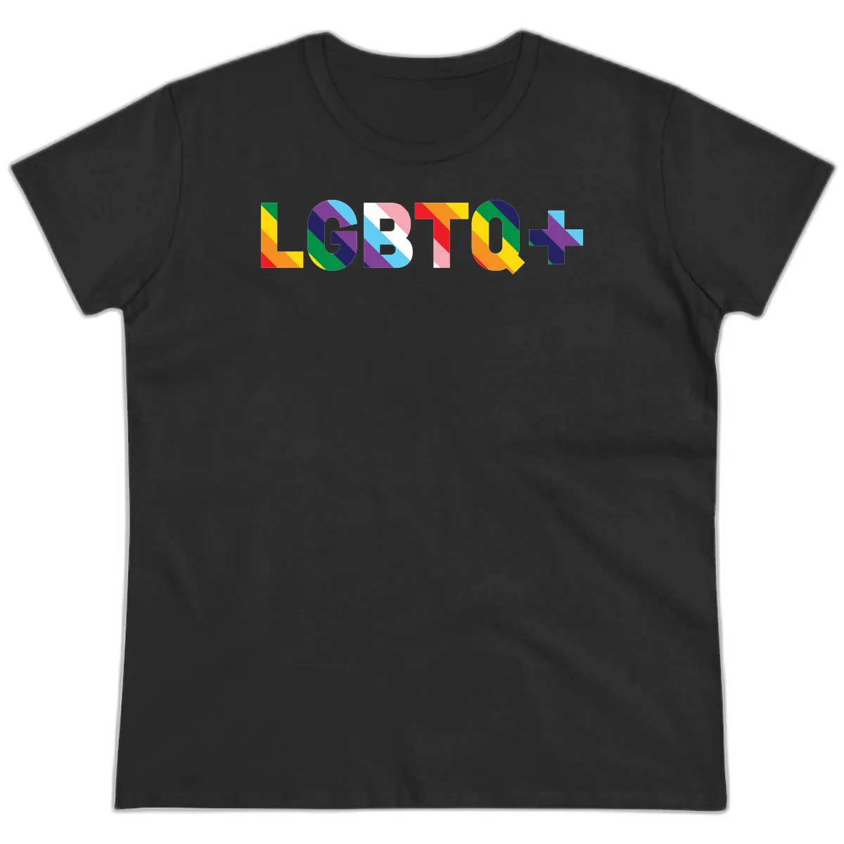 Colorful LGBTQ+ text with diagonal rainbow stripes in pride flag colors on geometric letters in Black