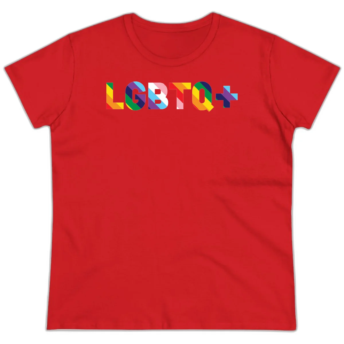 Colorful LGBTQ+ text with diagonal rainbow stripes in pride flag colors on geometric letters in Red