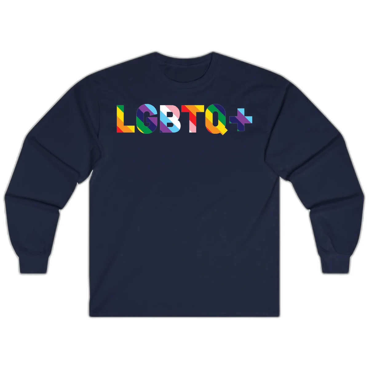 Colorful LGBTQ+ text with diagonal rainbow stripes in pride flag colors on geometric letters in Navy