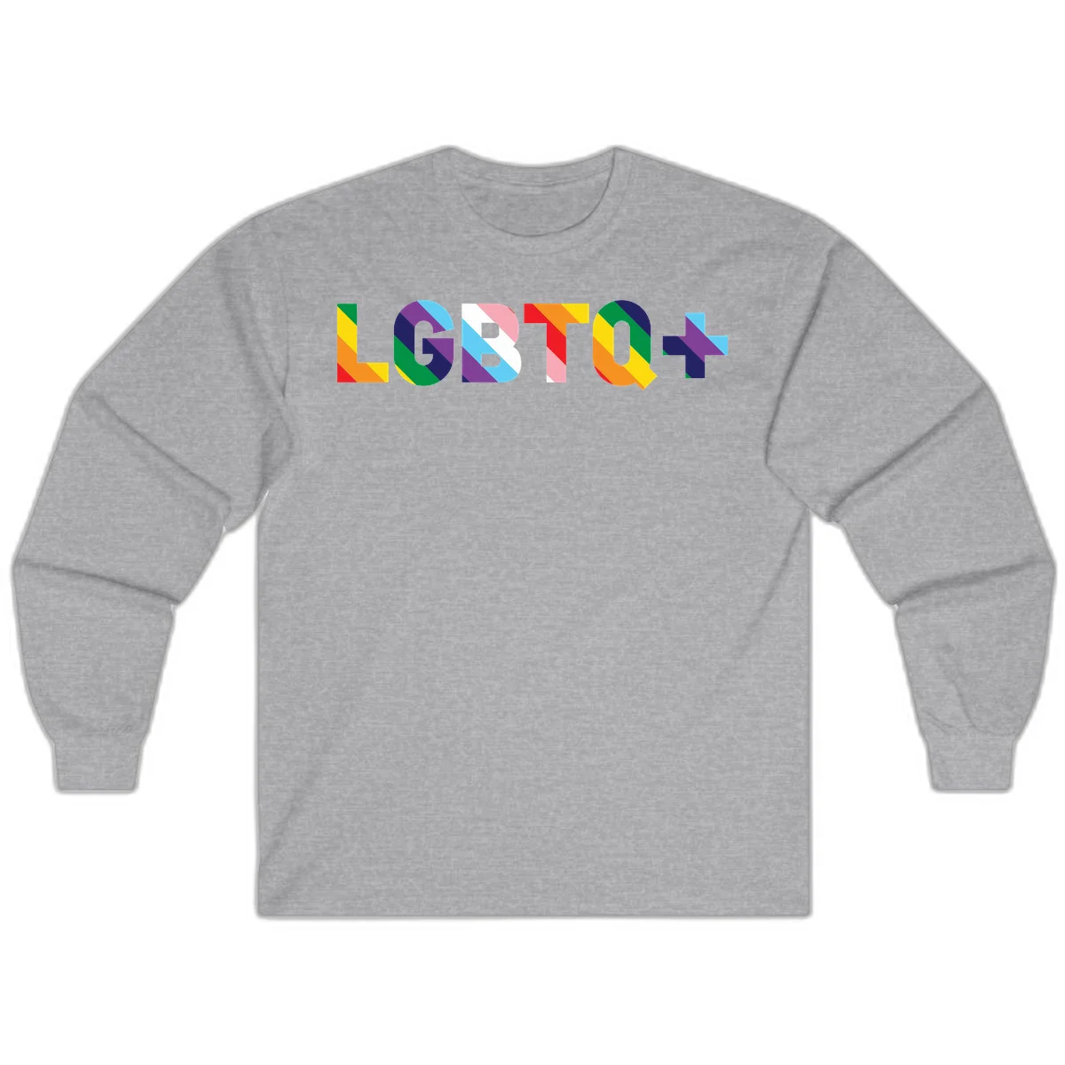 Colorful LGBTQ+ text with diagonal rainbow stripes in pride flag colors on geometric letters in Sport Grey