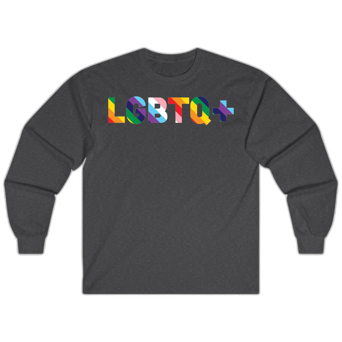 Colorful LGBTQ+ text with diagonal rainbow stripes in pride flag colors on geometric letters in Dark Heather