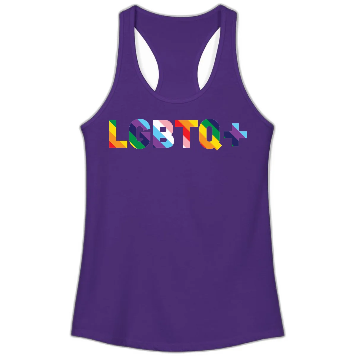 Colorful LGBTQ+ text with diagonal rainbow stripes in pride flag colors on geometric letters in Solid Purple Rush