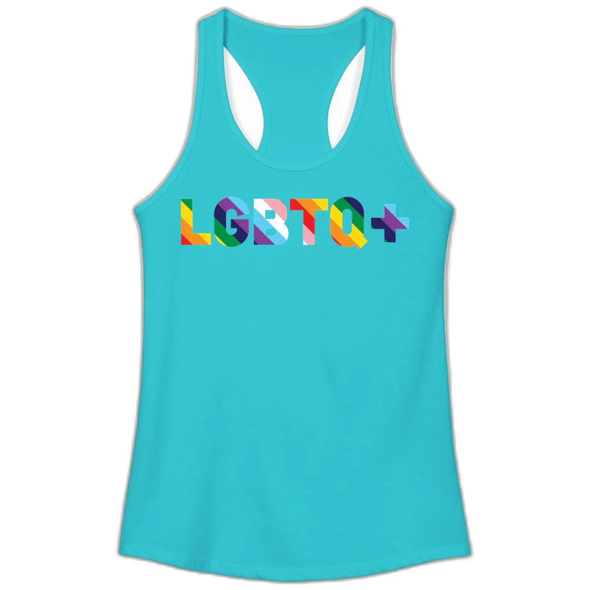 Colorful LGBTQ+ text with diagonal rainbow stripes in pride flag colors on geometric letters in Solid Tahiti Blue