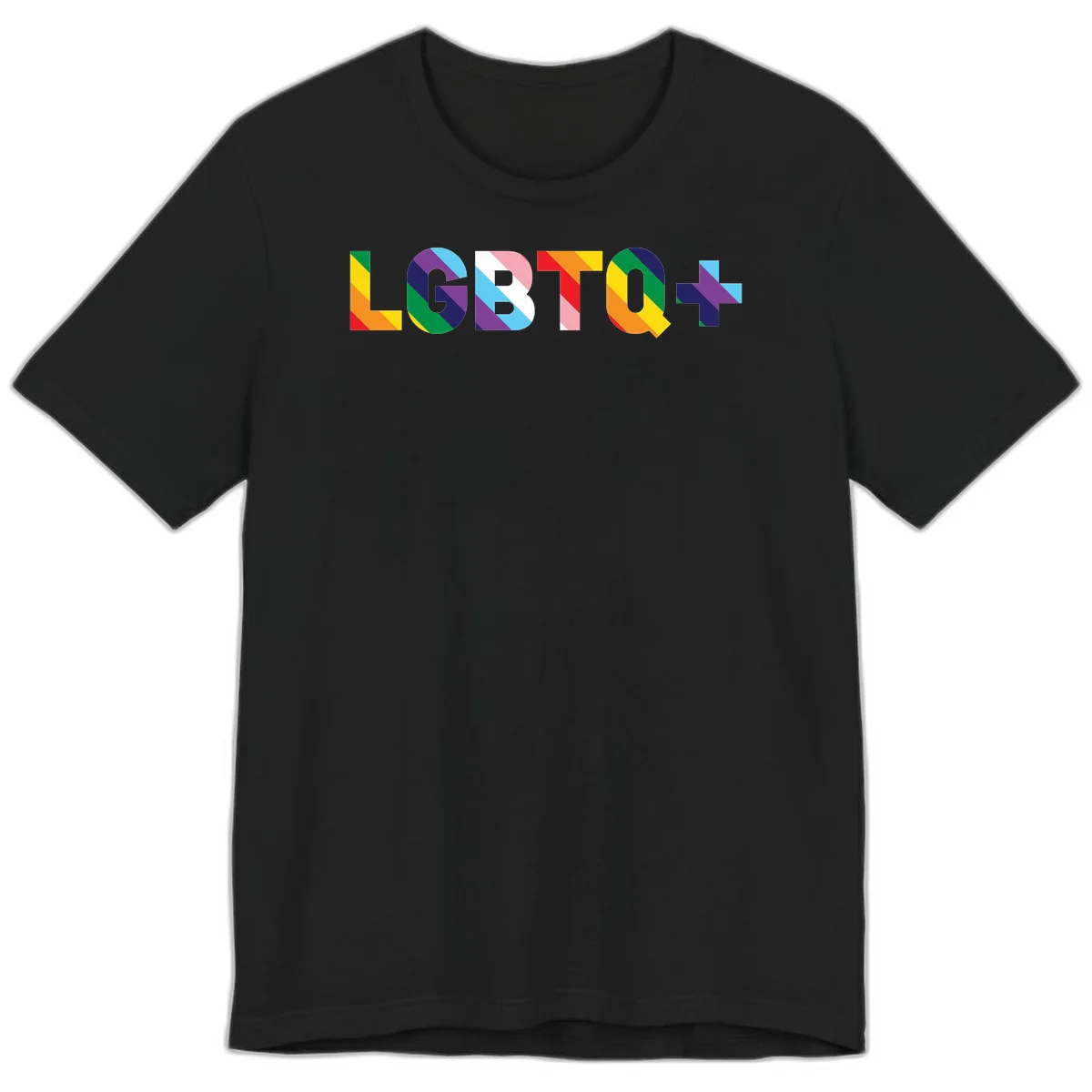 Colorful LGBTQ+ text with diagonal rainbow stripes in pride flag colors on geometric letters in Black