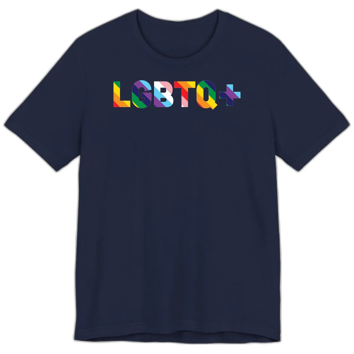 Colorful LGBTQ+ text with diagonal rainbow stripes in pride flag colors on geometric letters in Navy