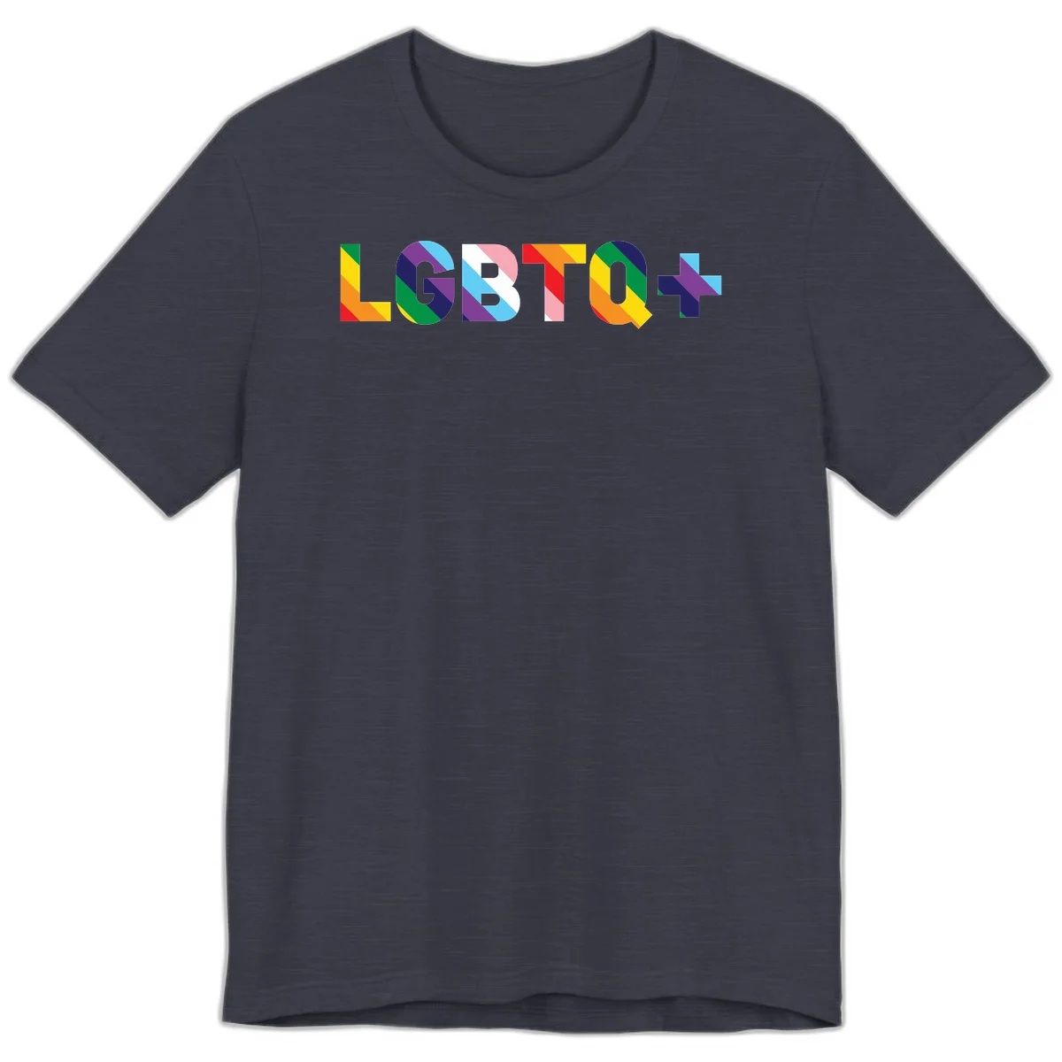 Colorful LGBTQ+ text with diagonal rainbow stripes in pride flag colors on geometric letters in Heather Midnight Navy