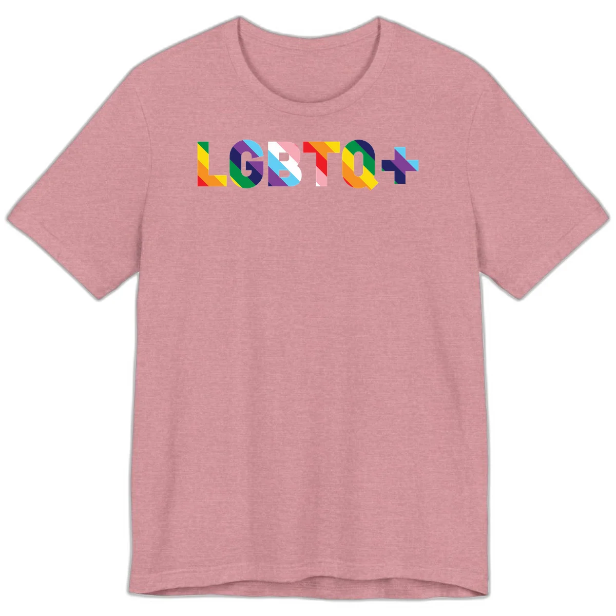 Colorful LGBTQ+ text with diagonal rainbow stripes in pride flag colors on geometric letters in Heather Orchid