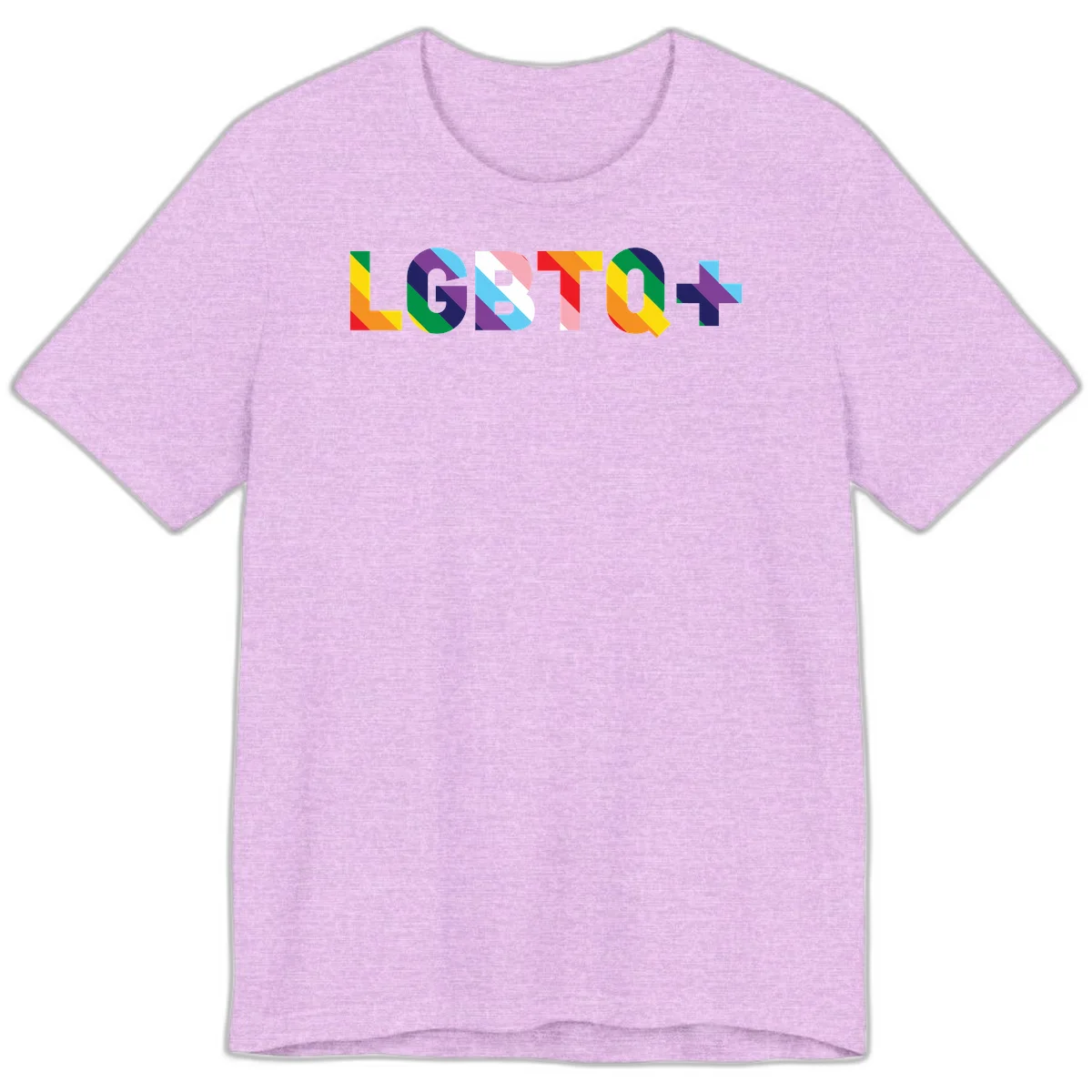 Colorful LGBTQ+ text with diagonal rainbow stripes in pride flag colors on geometric letters in Heather Prism Lilac
