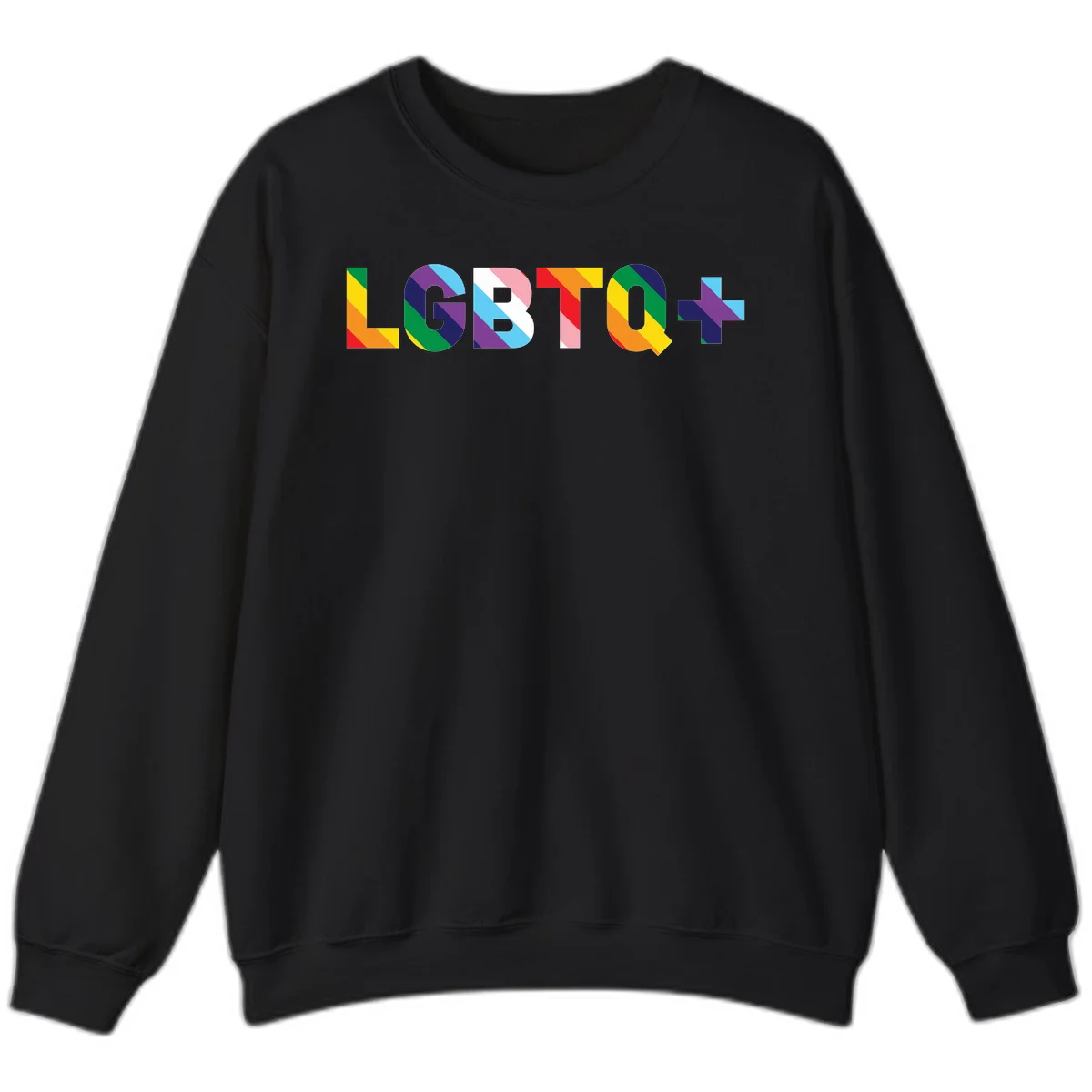 Colorful LGBTQ+ text with diagonal rainbow stripes in pride flag colors on geometric letters in Black