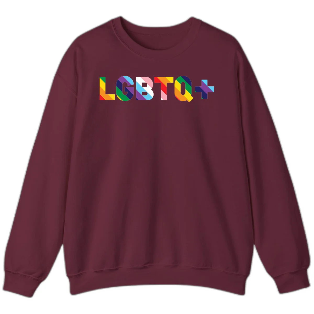 Colorful LGBTQ+ text with diagonal rainbow stripes in pride flag colors on geometric letters in Maroon