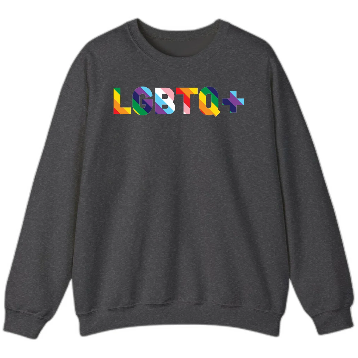 Colorful LGBTQ+ text with diagonal rainbow stripes in pride flag colors on geometric letters in Dark Heather