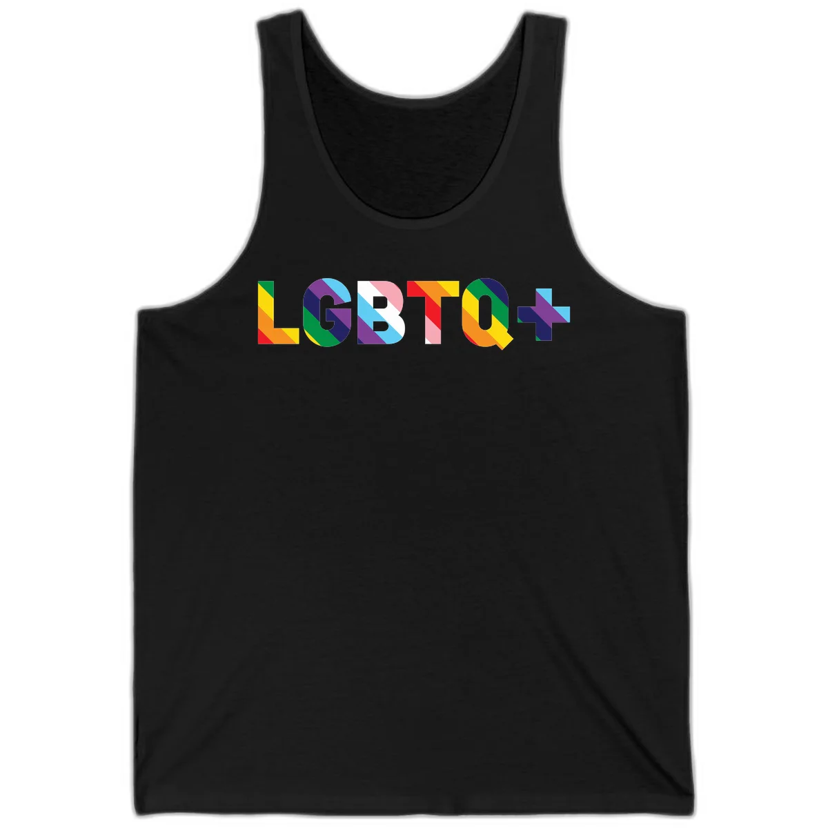 Colorful LGBTQ+ text with diagonal rainbow stripes in pride flag colors on geometric letters in Black