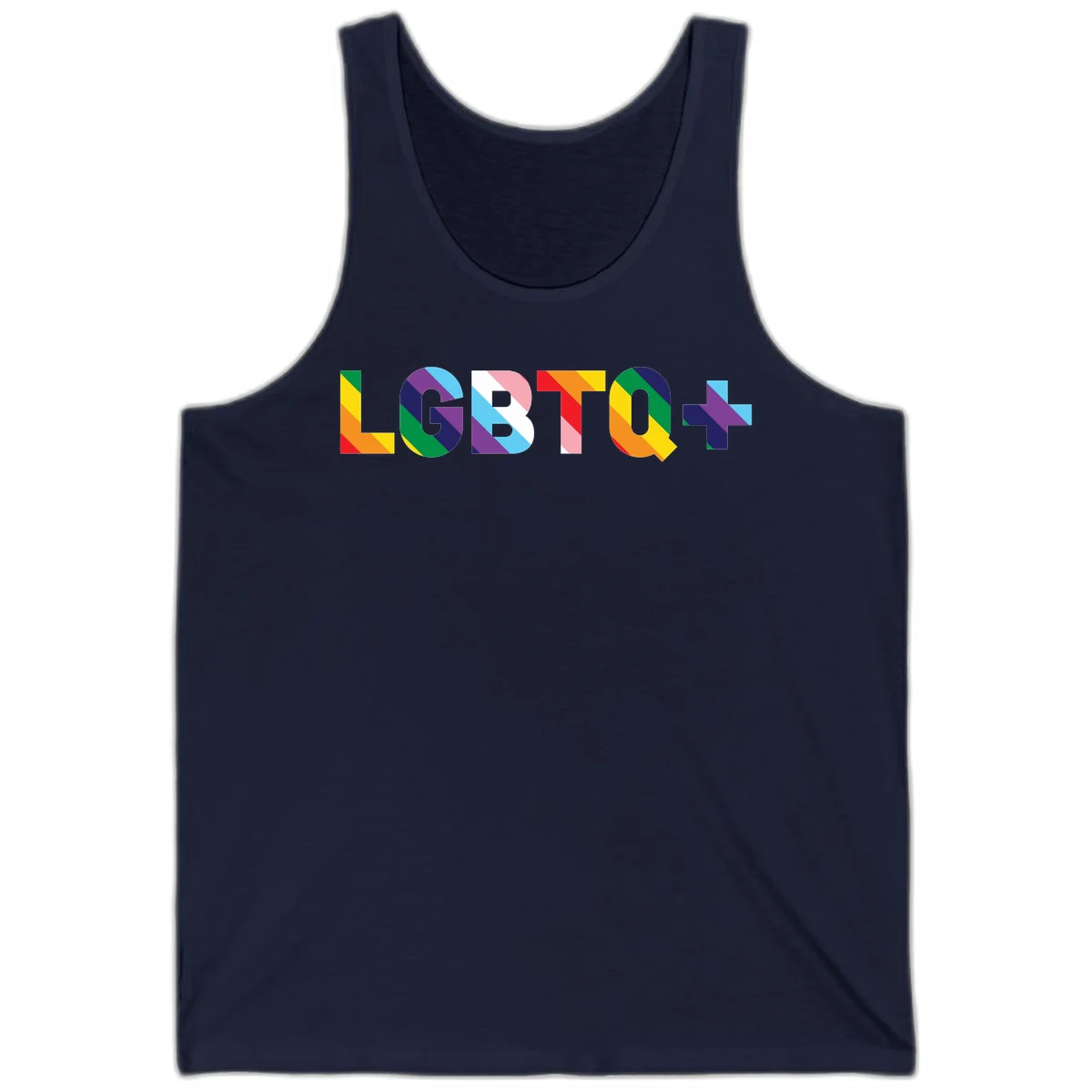 Colorful LGBTQ+ text with diagonal rainbow stripes in pride flag colors on geometric letters in Navy