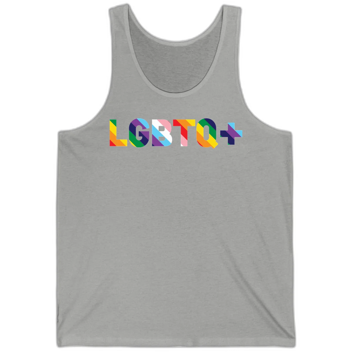 Colorful LGBTQ+ text with diagonal rainbow stripes in pride flag colors on geometric letters in Athletic Heather