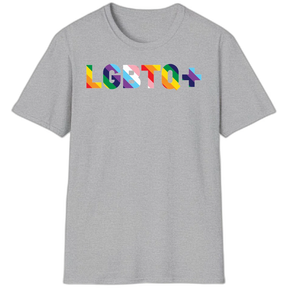 Colorful LGBTQ+ text with diagonal rainbow stripes in pride flag colors on geometric letters in Sport Grey
