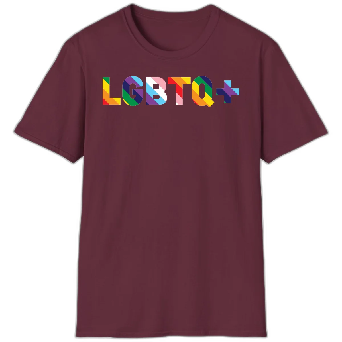 Colorful LGBTQ+ text with diagonal rainbow stripes in pride flag colors on geometric letters in Maroon