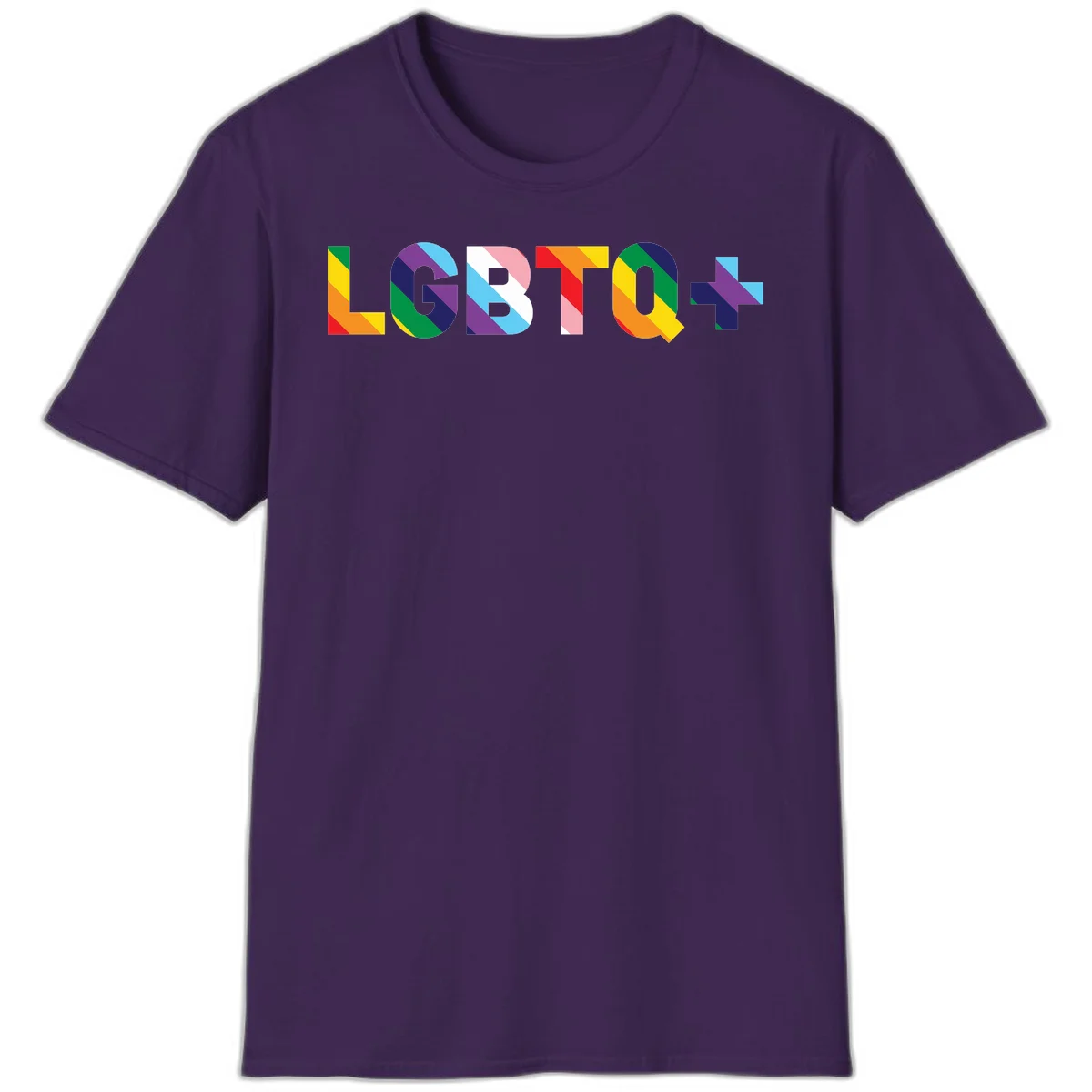 Colorful LGBTQ+ text with diagonal rainbow stripes in pride flag colors on geometric letters in Purple