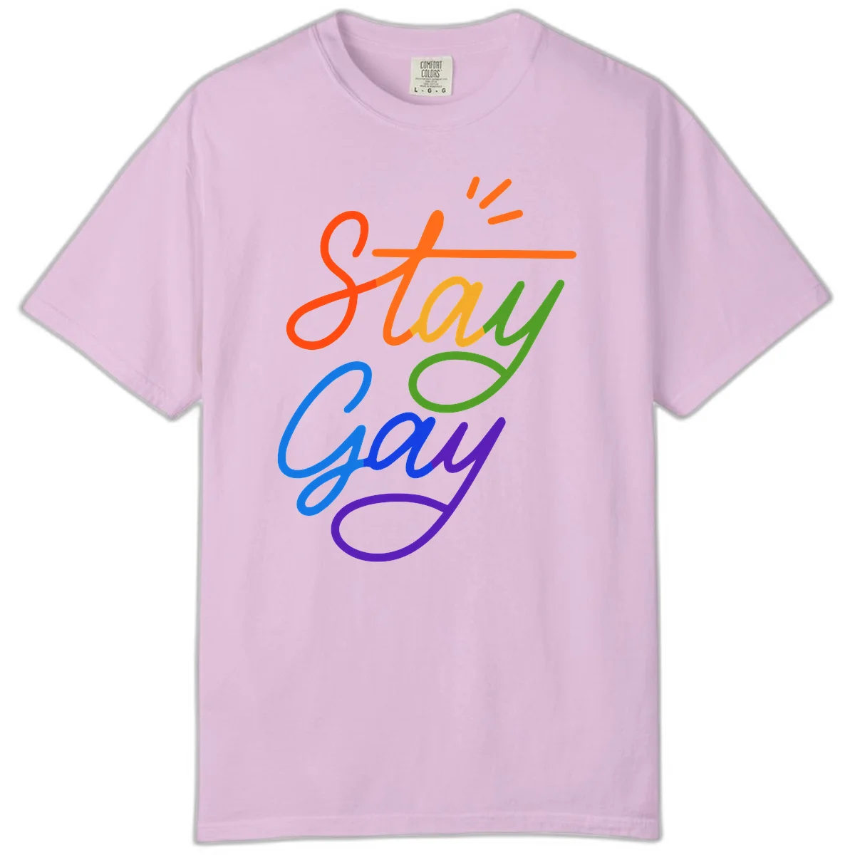 Rainbow gradient text reading 'Stay Gay' with a green checkmark and sparkle accents on gray background in Orchid