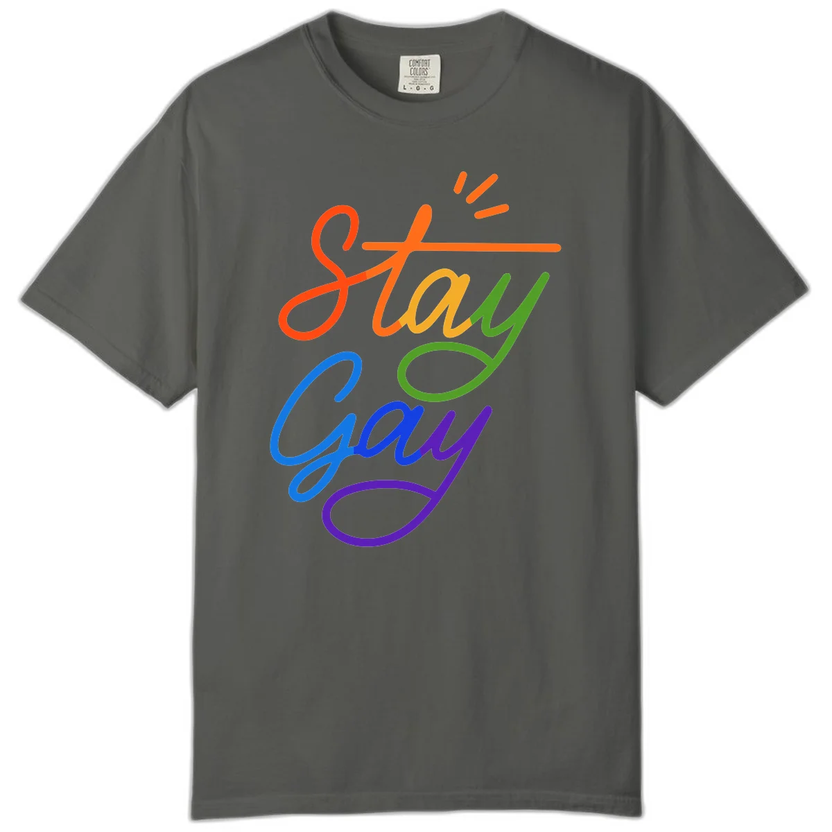 Rainbow gradient text reading 'Stay Gay' with a green checkmark and sparkle accents on gray background in Pepper