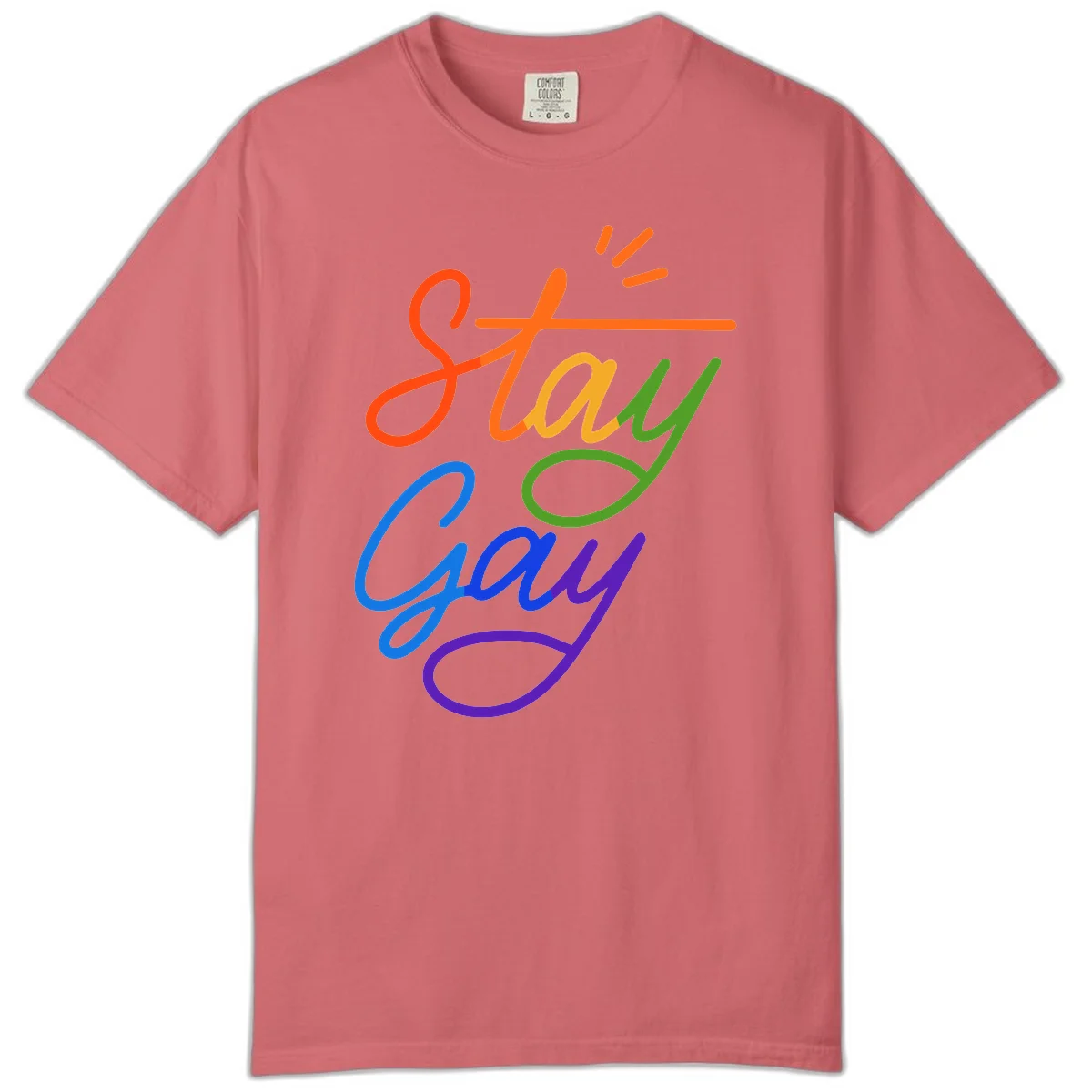 Rainbow gradient text reading 'Stay Gay' with a green checkmark and sparkle accents on gray background in Watermelon