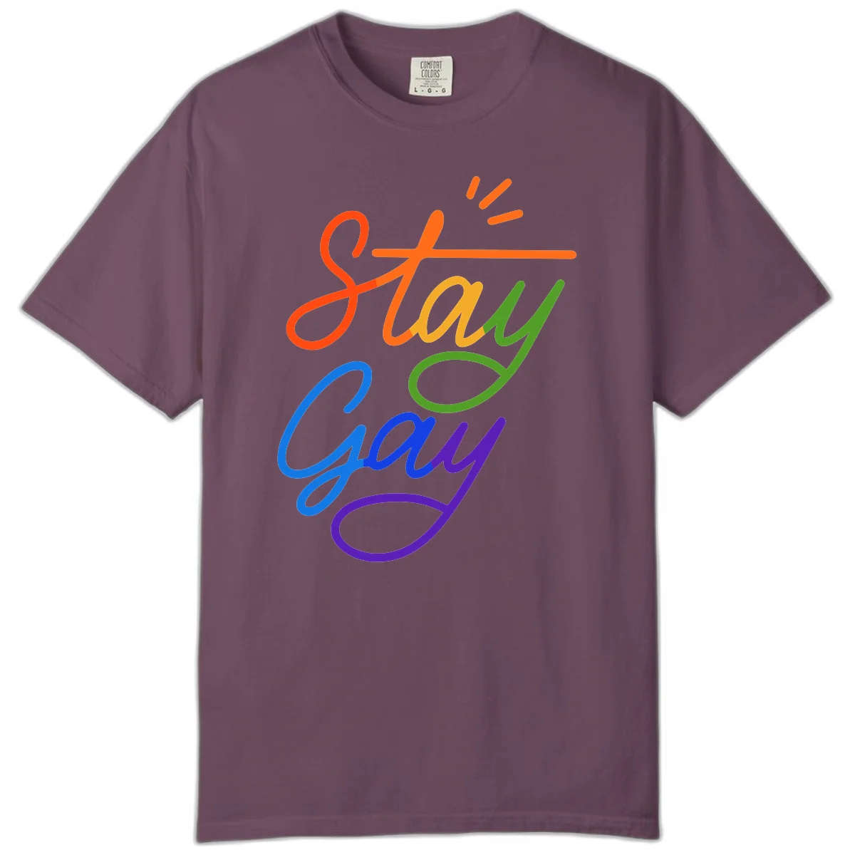 Rainbow gradient text reading 'Stay Gay' with a green checkmark and sparkle accents on gray background in Berry