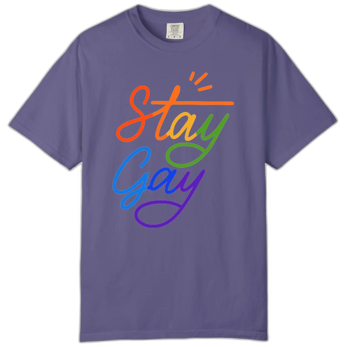 Rainbow gradient text reading 'Stay Gay' with a green checkmark and sparkle accents on gray background in Grape