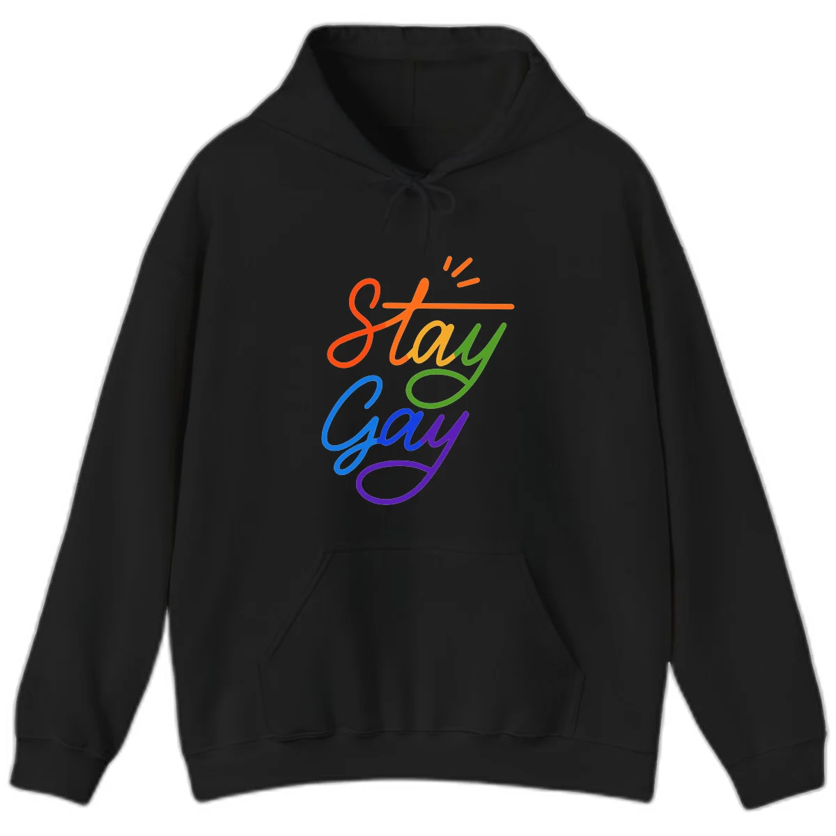 Rainbow gradient text reading 'Stay Gay' with a green checkmark and sparkle accents on gray background in Black