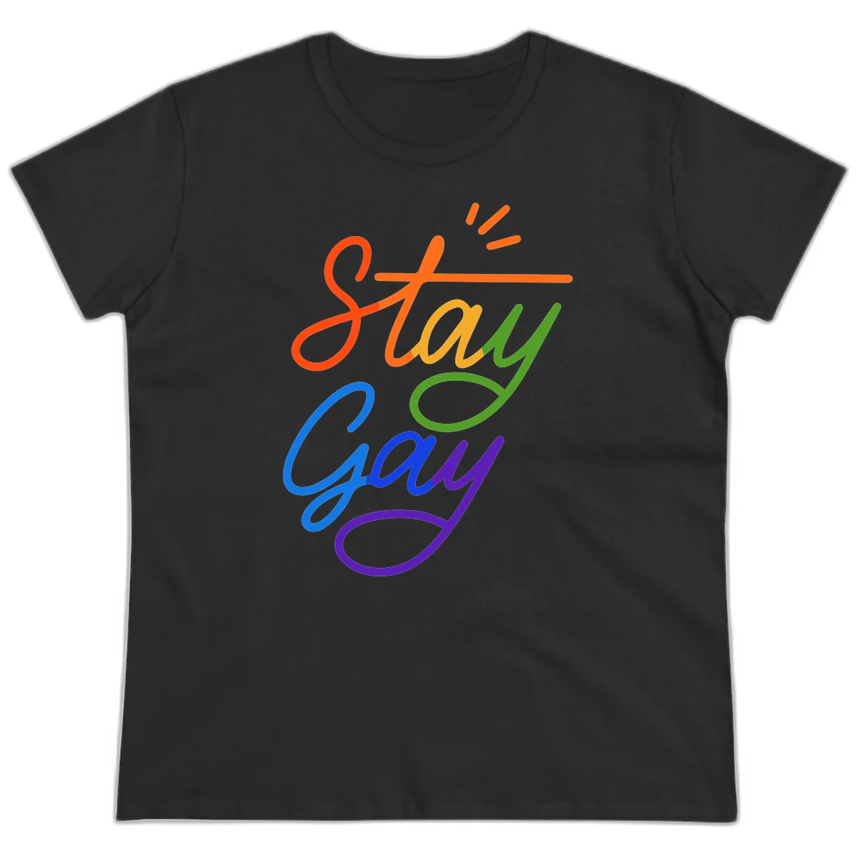 Rainbow gradient text reading 'Stay Gay' with a green checkmark and sparkle accents on gray background in Black