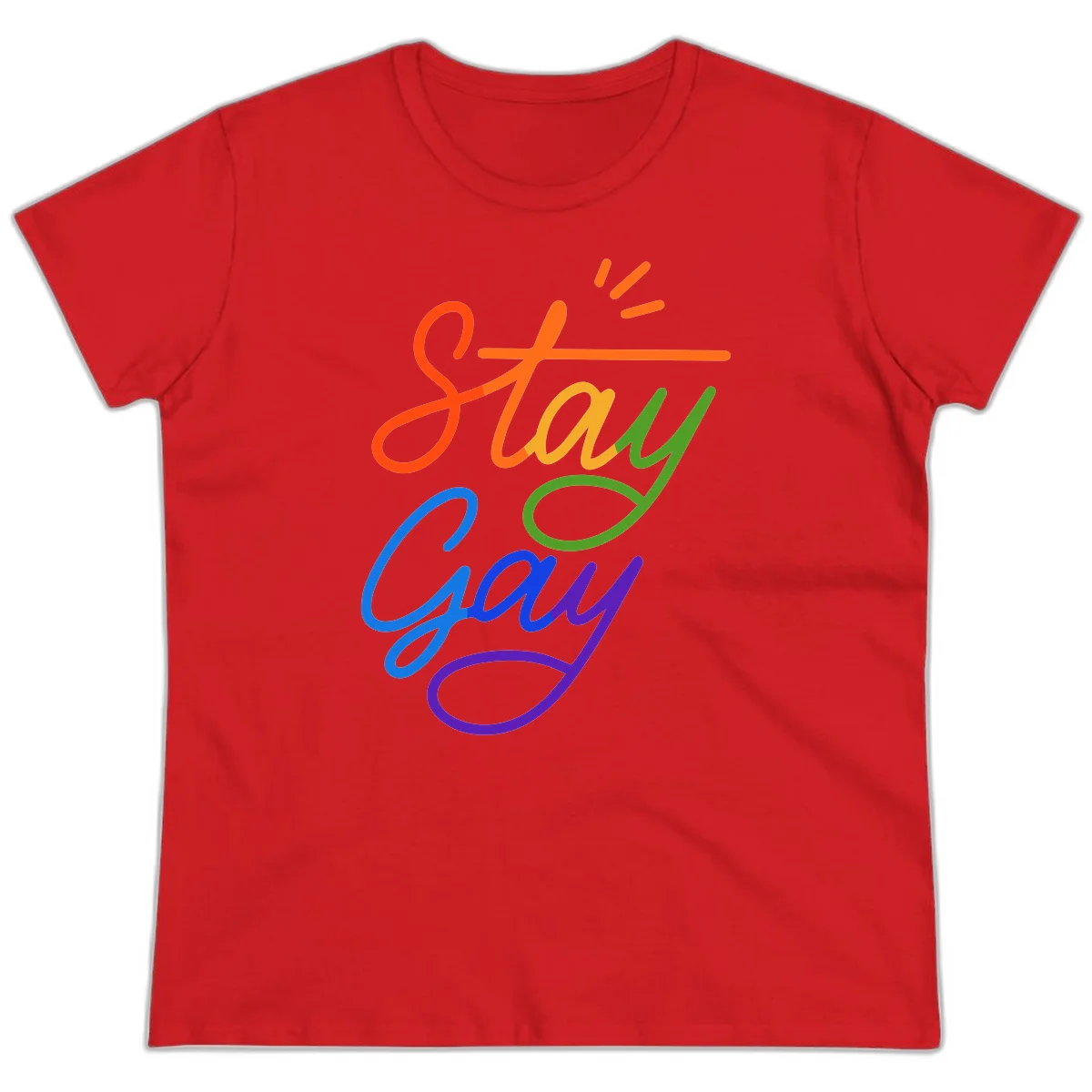 Rainbow gradient text reading 'Stay Gay' with a green checkmark and sparkle accents on gray background in Red