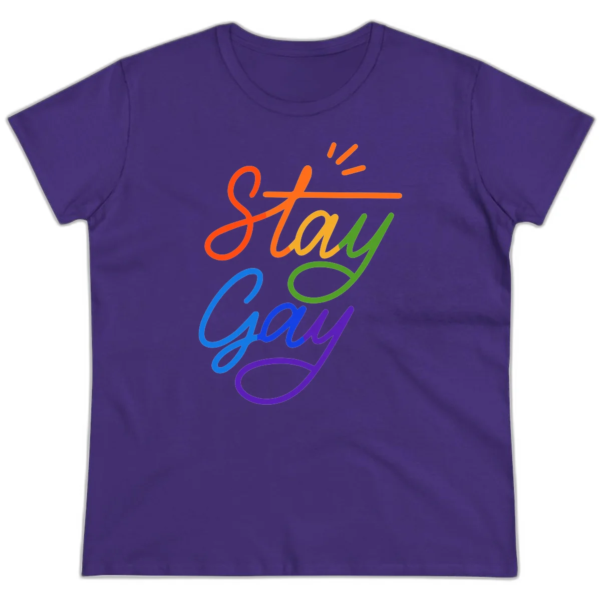 Rainbow gradient text reading 'Stay Gay' with a green checkmark and sparkle accents on gray background in Purple