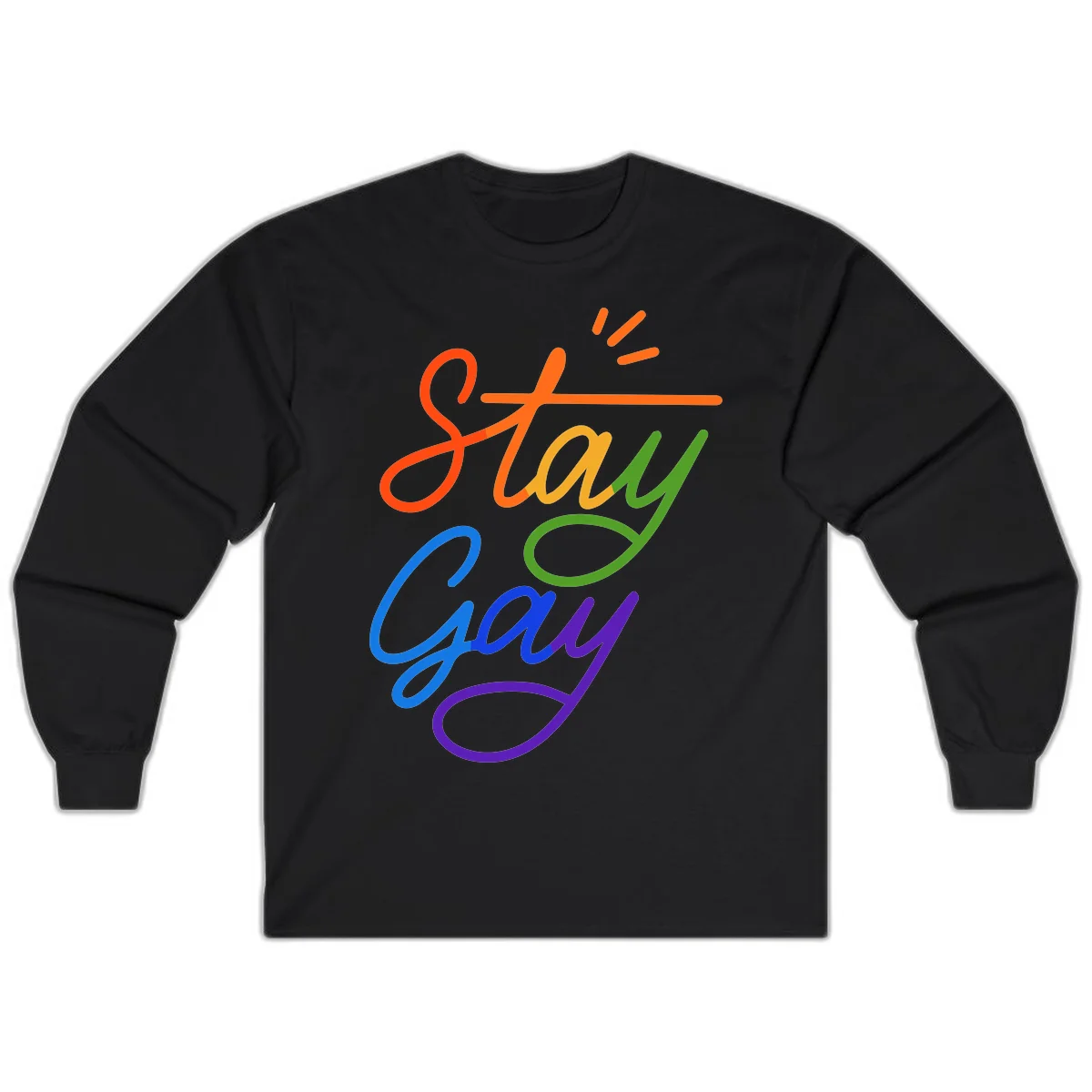 Rainbow gradient text reading 'Stay Gay' with a green checkmark and sparkle accents on gray background in Black